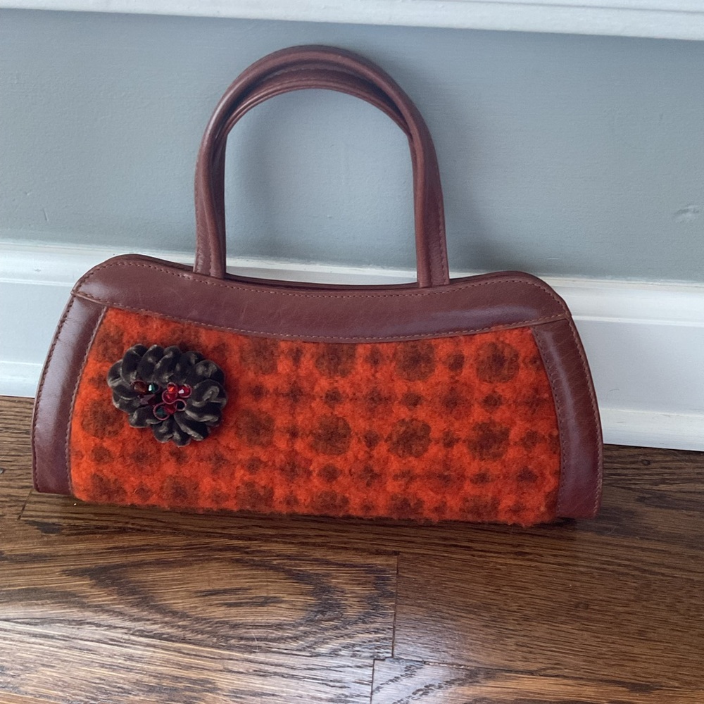 Brown and Orange Handbag with Floral Accent